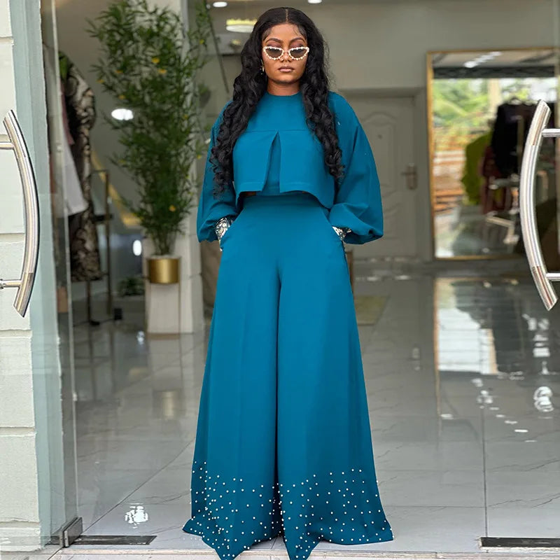 CM.YAYA Women's Set Long Sleeve High Low Maxi Blouse and Pearl Beading Wide Leg Pants 2025 Two 2 Piece Sets Outfits Tracksuit