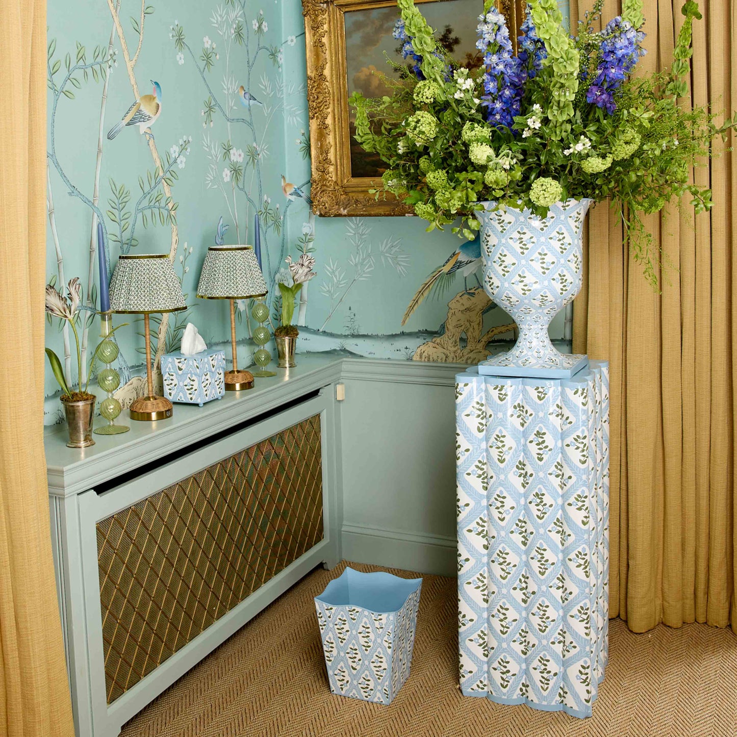 Blue Floral Trellis Urn & Pedestal