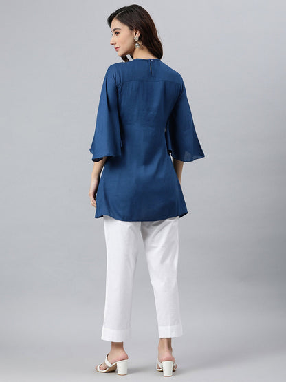 Blue & Orange Viscose Rayon Embroidered Tunic