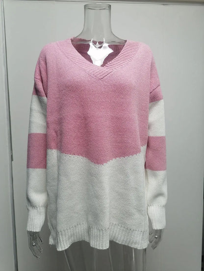 Pullovers Women Sweaters New long-sleeved 2021 Autumn Winters V Collar Loose Color Matching Sweaters Women Fashion OLN6057