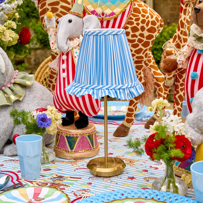 Tall Rechargeable Lamp with Blue Striped Ruffle Shade (18cm)
