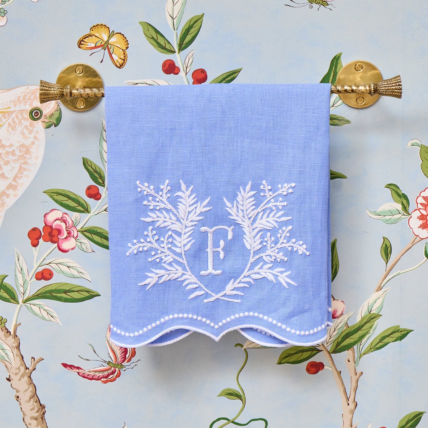 Blue Garland Embroidered Linen Hand Towel