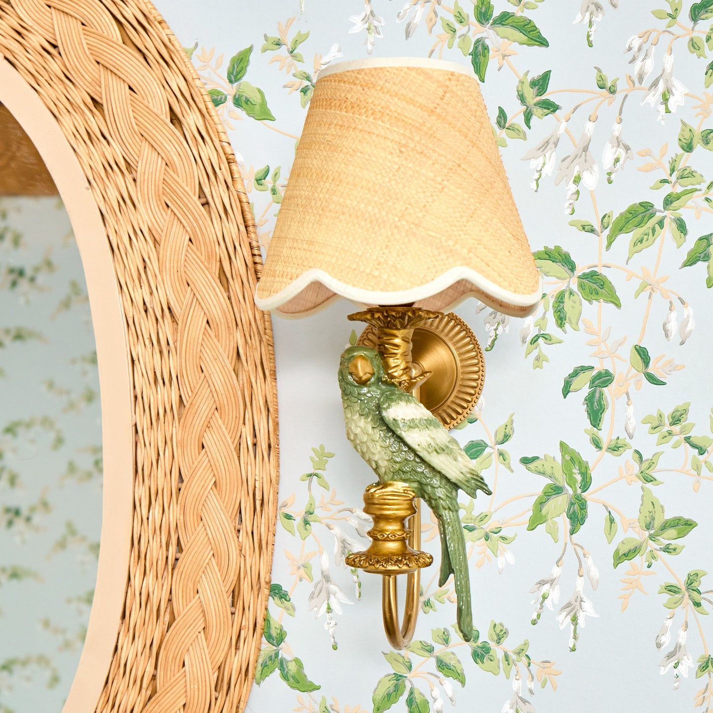 Pair of Olive Parrot Rechargeable Wall Lights with Grasscloth Shades (18cm)