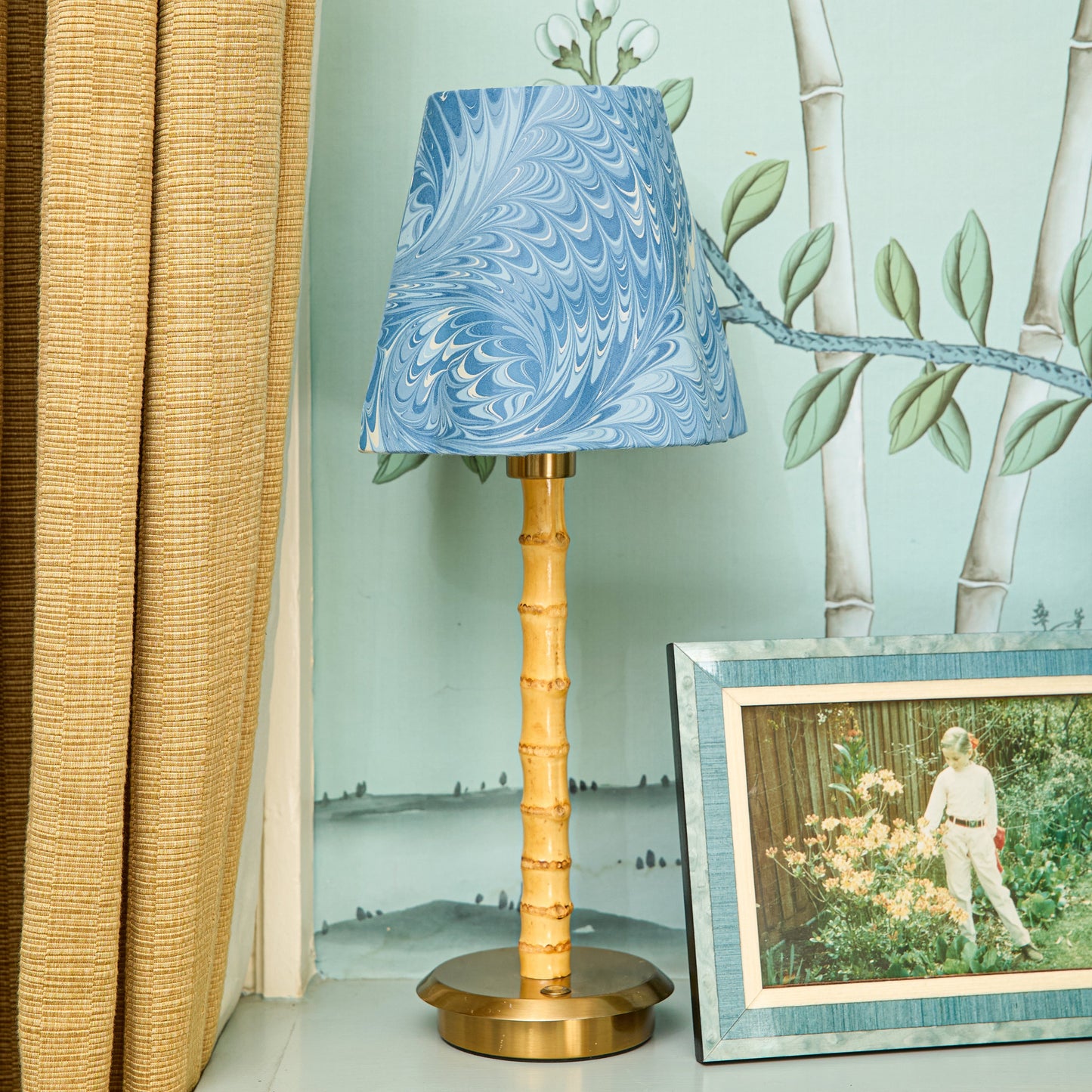 Bamboo Rechargeable Lamp with Blue Marble Shade (18cm)