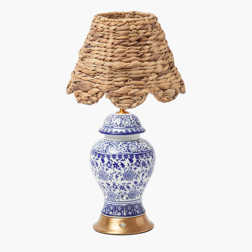Chinoiserie Rechargeable Lamp with Natural Seagrass Shade (24cm)