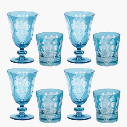 Blue Fern Engraved Glassware (Set of 8)