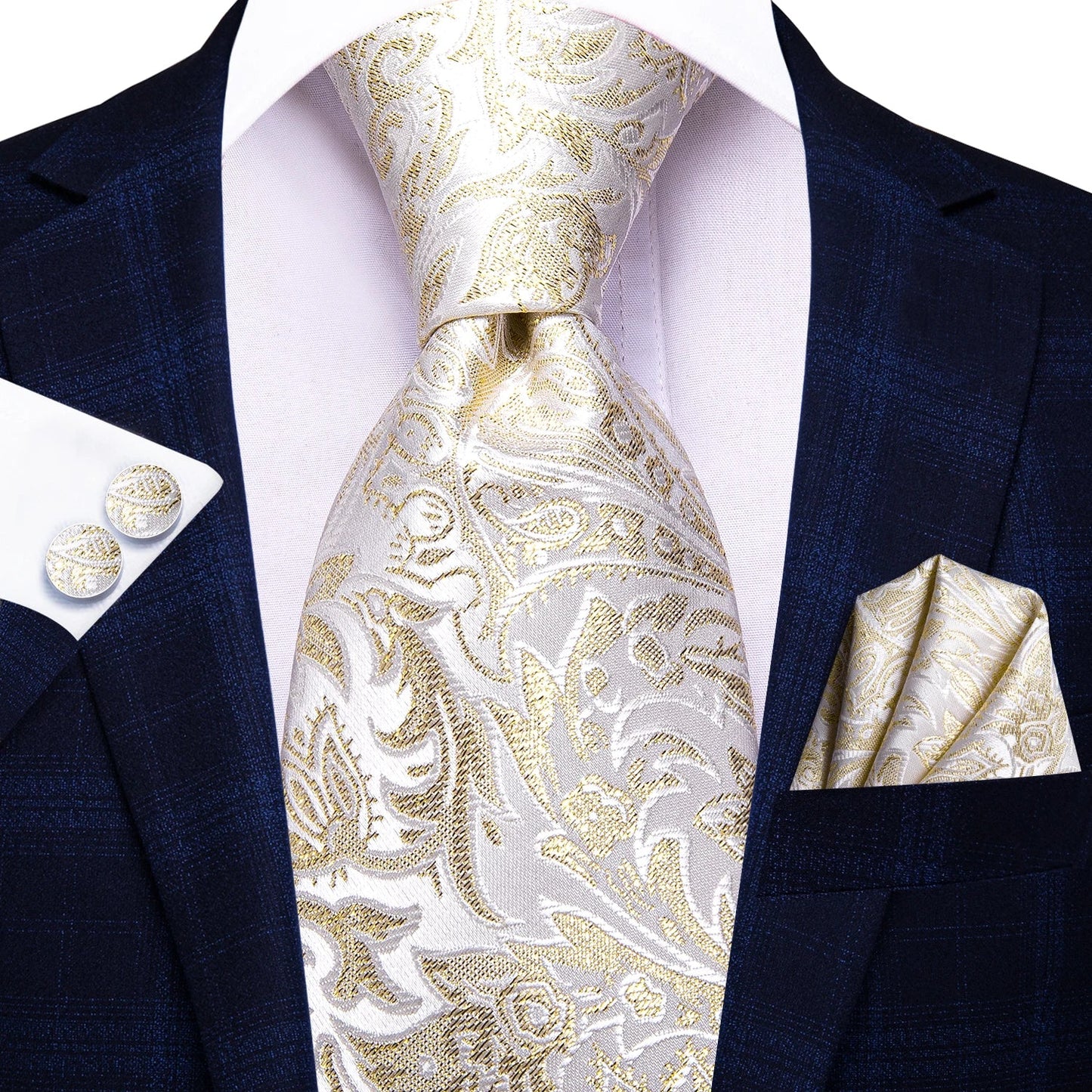 Hi-Tie Champagne Gold-color Silk Mens Elegant Ties Fashion Mens Necktie Pocket Square Cufflinks Set Business Party Wedding