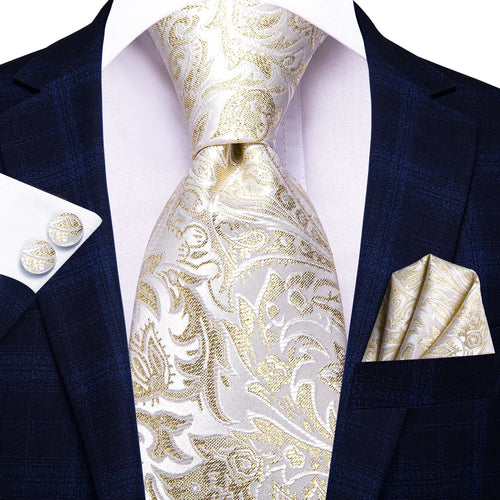 Hi-Tie Champagne Gold-color Silk Mens Elegant Ties Fashion Mens Necktie Pocket Square Cufflinks Set Business Party Wedding