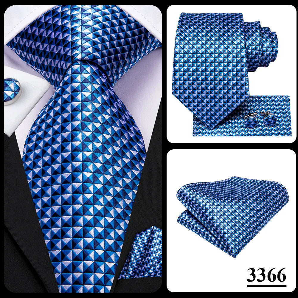 Hi-Tie Designer Silk Wedding Tie For Men Blue White Plaid Handky Cufflink Set Fashion Necktie For Men Business Party Wholesale