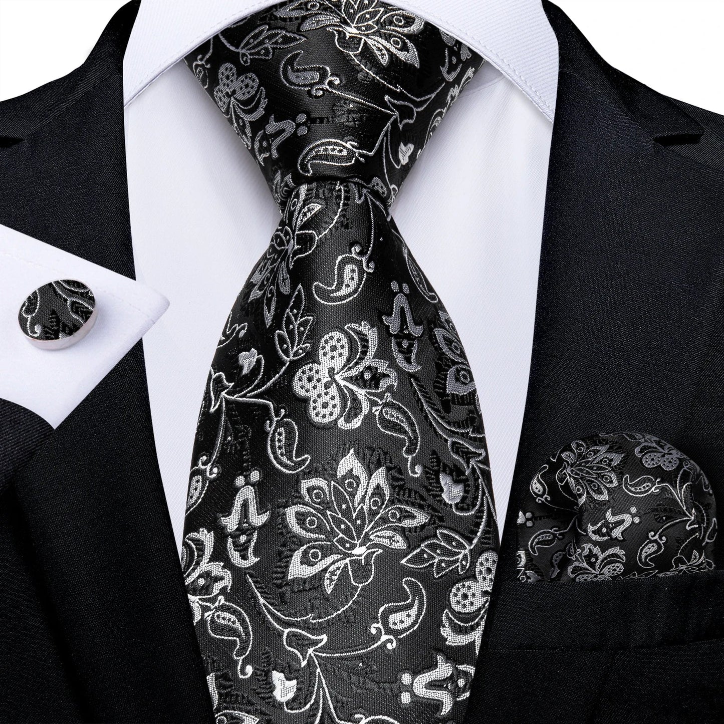 Men's Black Ties Handkerchief Cufflinks Business Formal Floral Striped Solid 8cm Necktie Gift for Husband Wedding Accessories