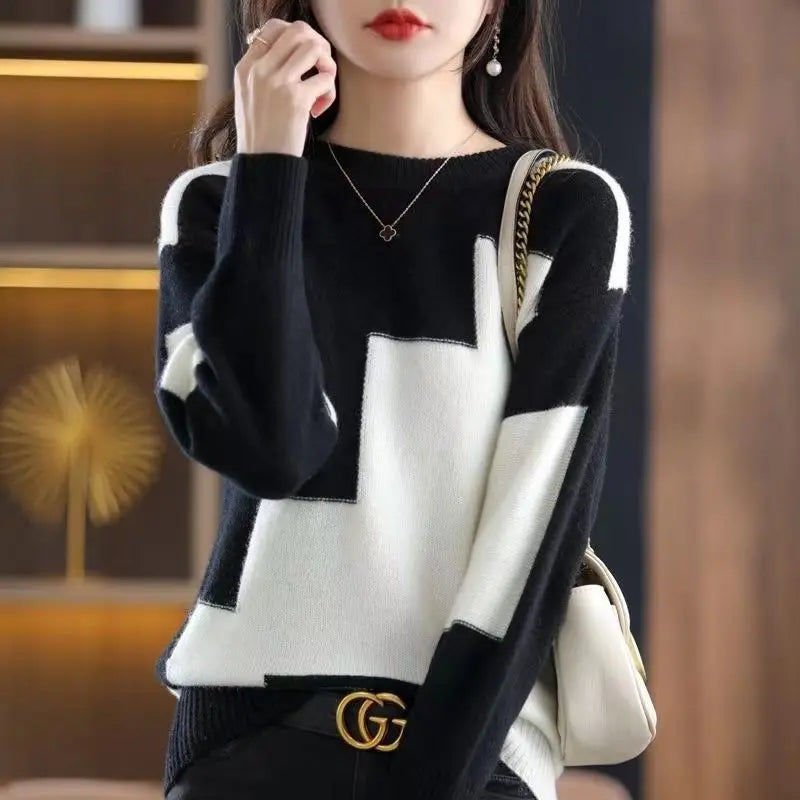 Autumn Winter Contrast Color Pullover Sweater Lady Loose Casual Fashion All-match Knitting Jumpers Ladies Oversized Bottomed Top