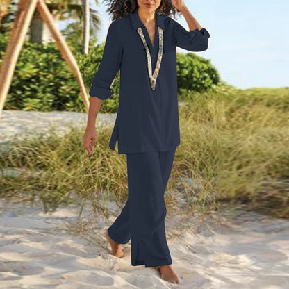 Spring Autumn Plus Size Women's Solid Color Chinese Style Retro Pants Set Cotton Linen Casual Long Sleeved Loose Cotton Set