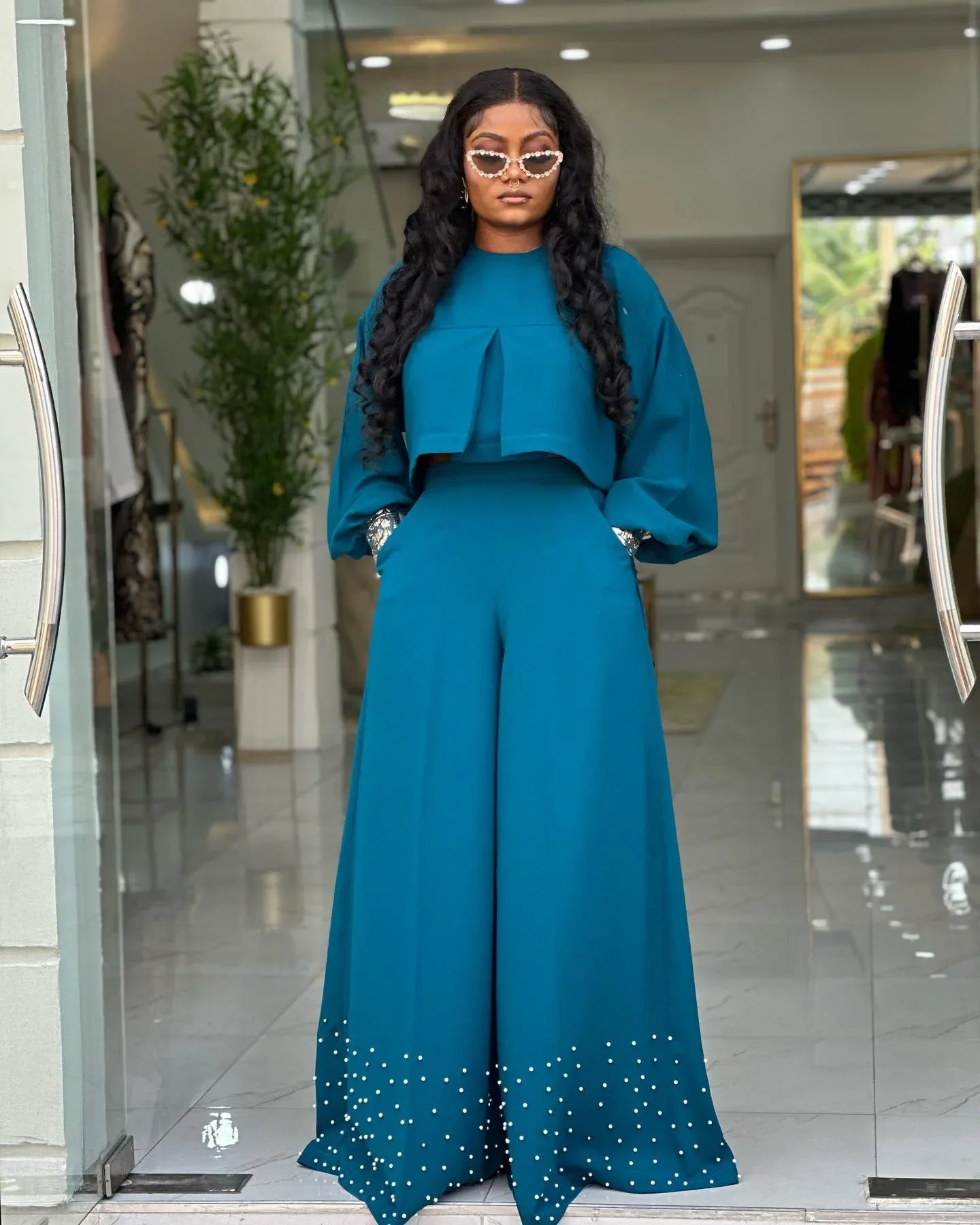 CM.YAYA Women's Set Long Sleeve High Low Maxi Blouse and Pearl Beading Wide Leg Pants 2025 Two 2 Piece Sets Outfits Tracksuit
