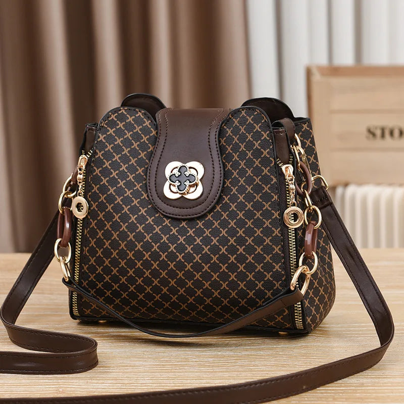 New women's handbag luxury design bucket shoulder crossbody bag flip over printed large capacity shoulder bag