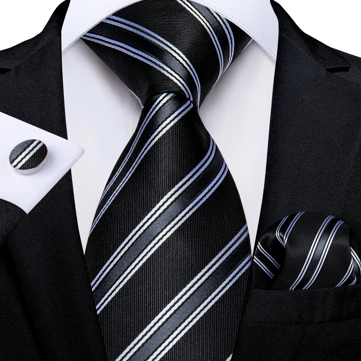 Men's Black Ties Handkerchief Cufflinks Business Formal Floral Striped Solid 8cm Necktie Gift for Husband Wedding Accessories