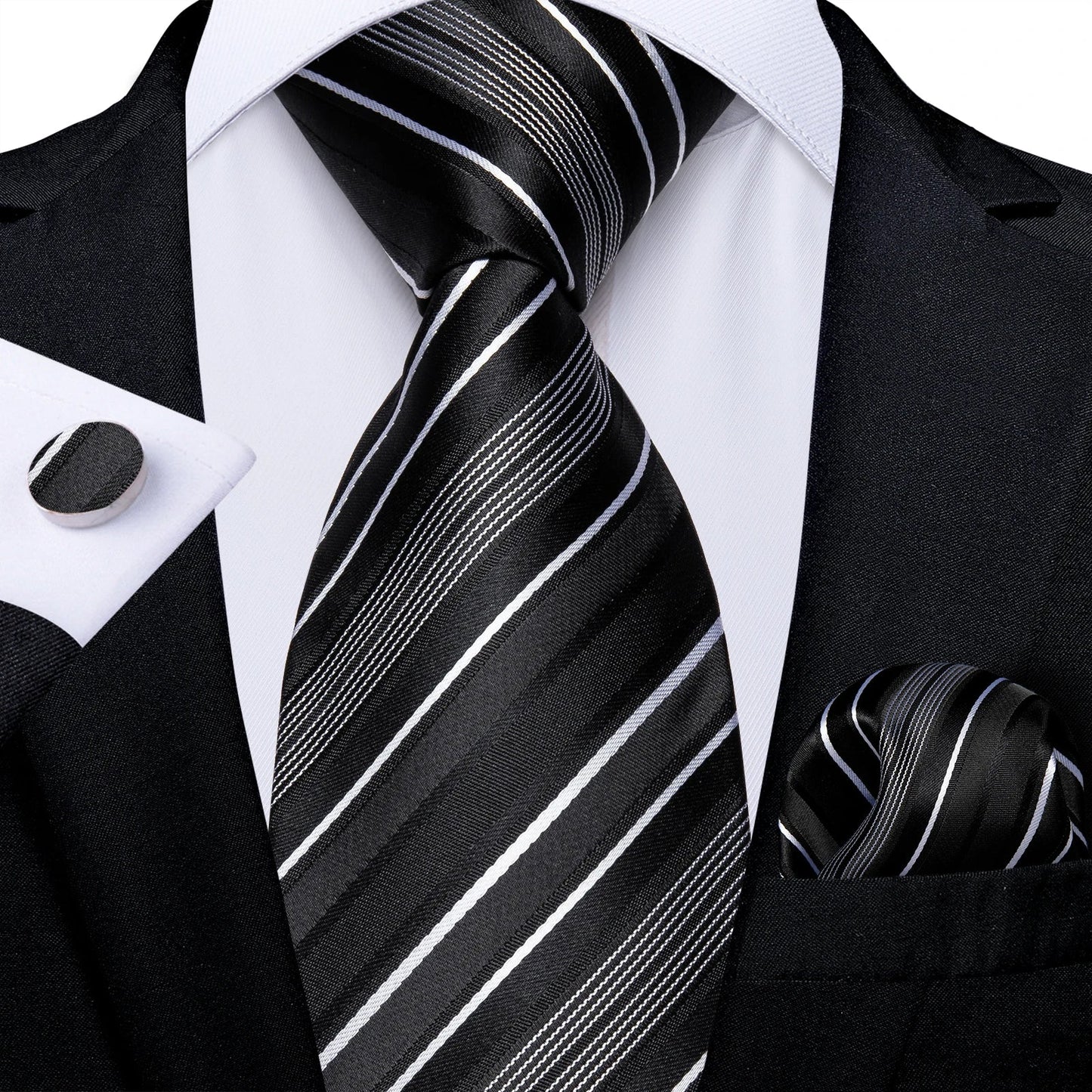 Men's Black Ties Handkerchief Cufflinks Business Formal Floral Striped Solid 8cm Necktie Gift for Husband Wedding Accessories