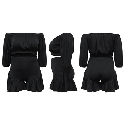 CM.YAYA Plus Size Women's Set Long Sleeve Slash Neck T-Shirt and Shorts 2025 Summer Ruched Two 2 Piece Set Outfits Tracksuit