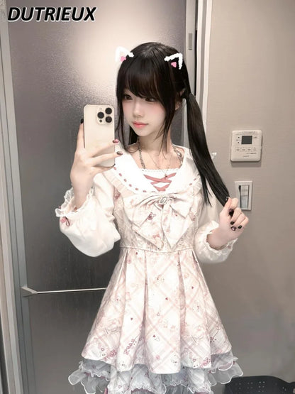 Spring Summer Pink Cute Casual Long Sleece Dresses for Women Bow Printed Bear Navy Collar Princess Dress Waist Pleated