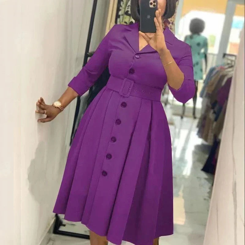 Office Dresses for Women Long Sleeve Button Down Notched Lapel Waist Belt A Line Midi Dresses Elegant Work Business Church Wear