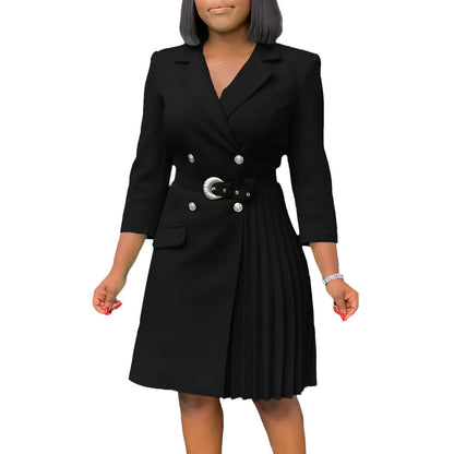 Elegant Dresses for Woman 2024 Autumn Winter New Trends Notched Collar Full Sleeve Sashes Pleated Mid Calf Solid Fashion Dress