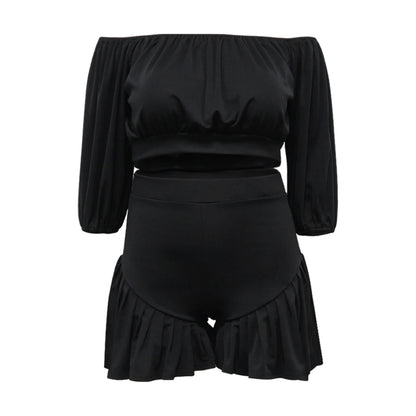CM.YAYA Plus Size Women's Set Long Sleeve Slash Neck T-Shirt and Shorts 2025 Summer Ruched Two 2 Piece Set Outfits Tracksuit