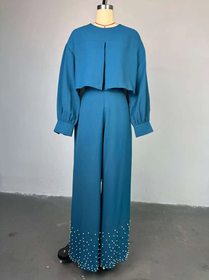 CM.YAYA Women's Set Long Sleeve High Low Maxi Blouse and Pearl Beading Wide Leg Pants 2025 Two 2 Piece Sets Outfits Tracksuit