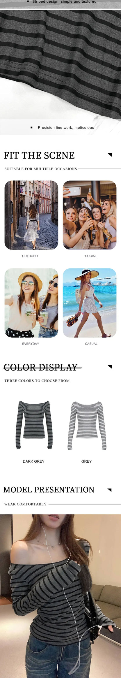 Spring Fall Women's New Japanese Basic Models Slim Long-Sleeved Striped t-Shirt Strapless Korean Street Style y2k Thin Tops