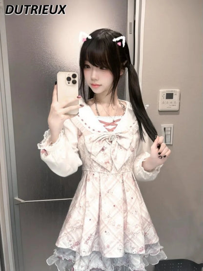 Spring Summer Pink Cute Casual Long Sleece Dresses for Women Bow Printed Bear Navy Collar Princess Dress Waist Pleated
