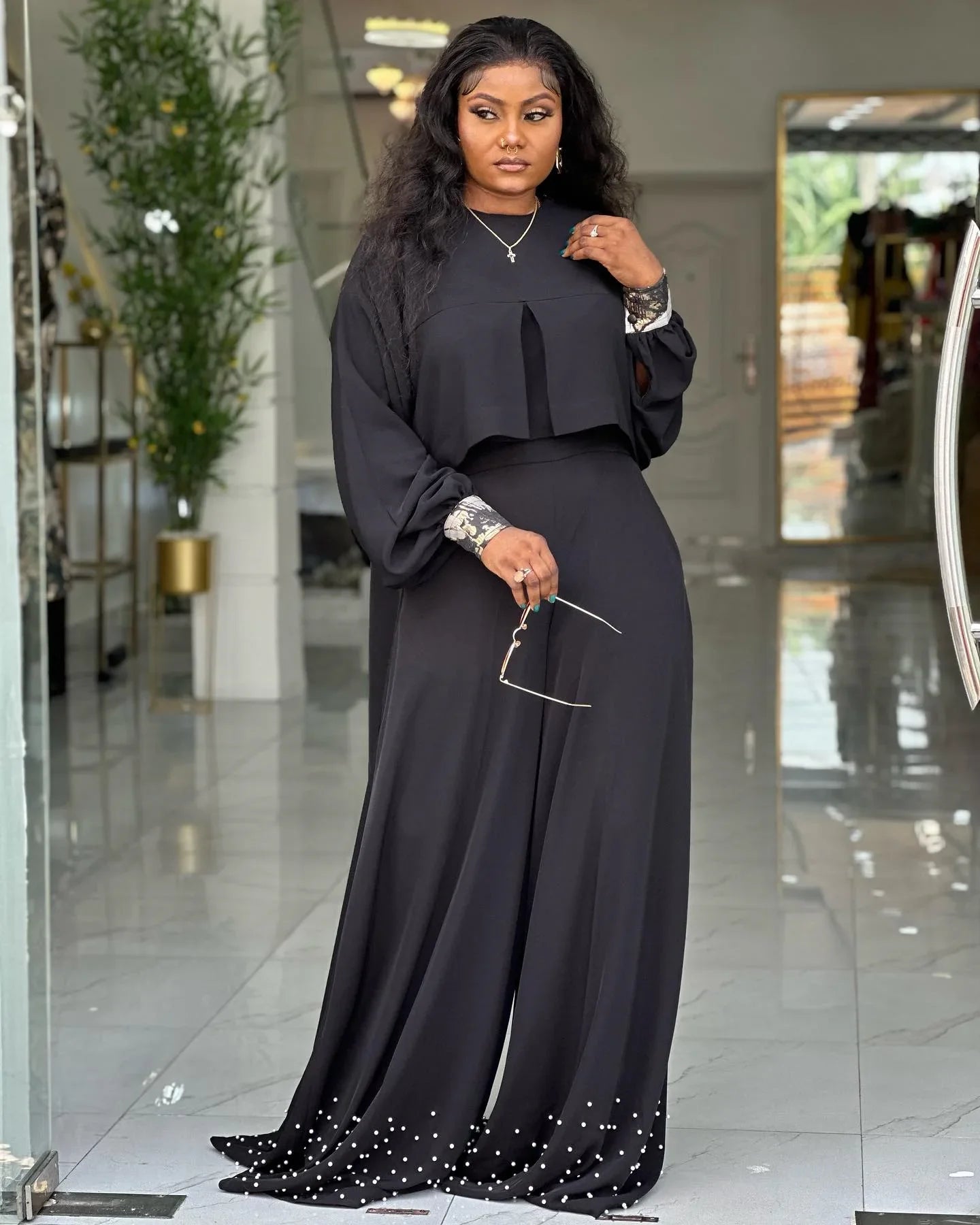 CM.YAYA Women's Set Long Sleeve High Low Maxi Blouse and Pearl Beading Wide Leg Pants 2025 Two 2 Piece Sets Outfits Tracksuit
