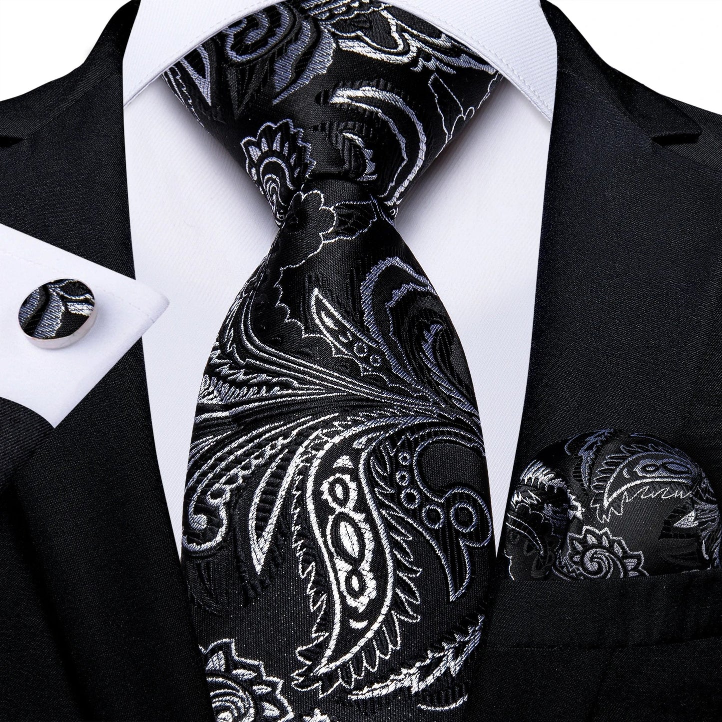 Men's Black Ties Handkerchief Cufflinks Business Formal Floral Striped Solid 8cm Necktie Gift for Husband Wedding Accessories