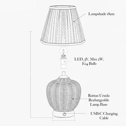 Rattan Ursula Rechargeable Lamp with Green Ikat Shade (18cm)