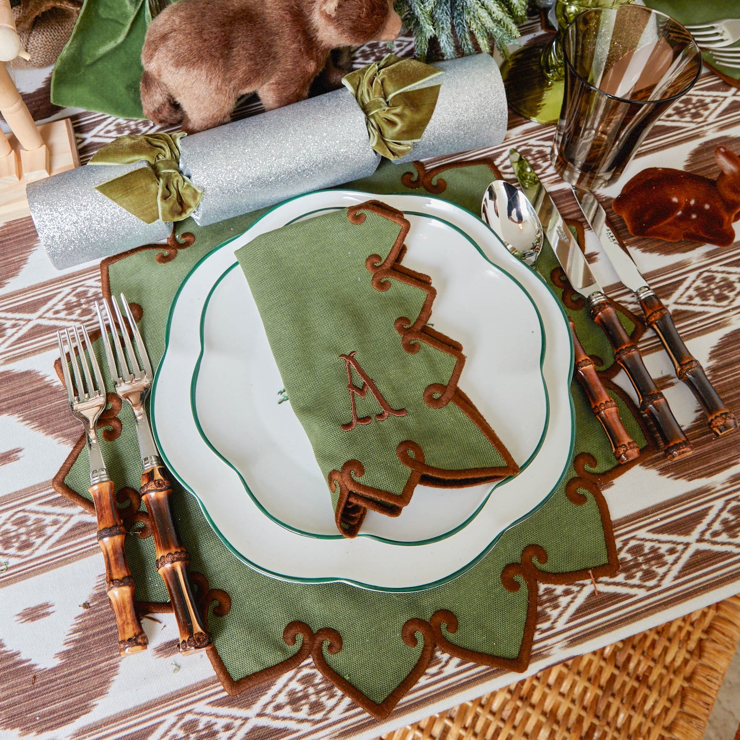 Forest Green & Brown Angelina Placemats & Napkins (Set of 4)