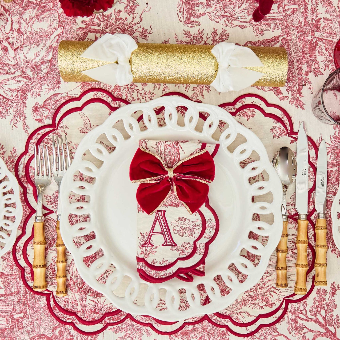Burgundy Claudette Toile Placemats & Napkins (Set of 4)