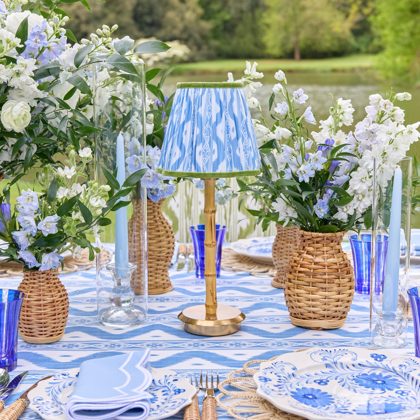 Bamboo Rechargeable Lamp with Blue & Green Ikat Shade (18cm)