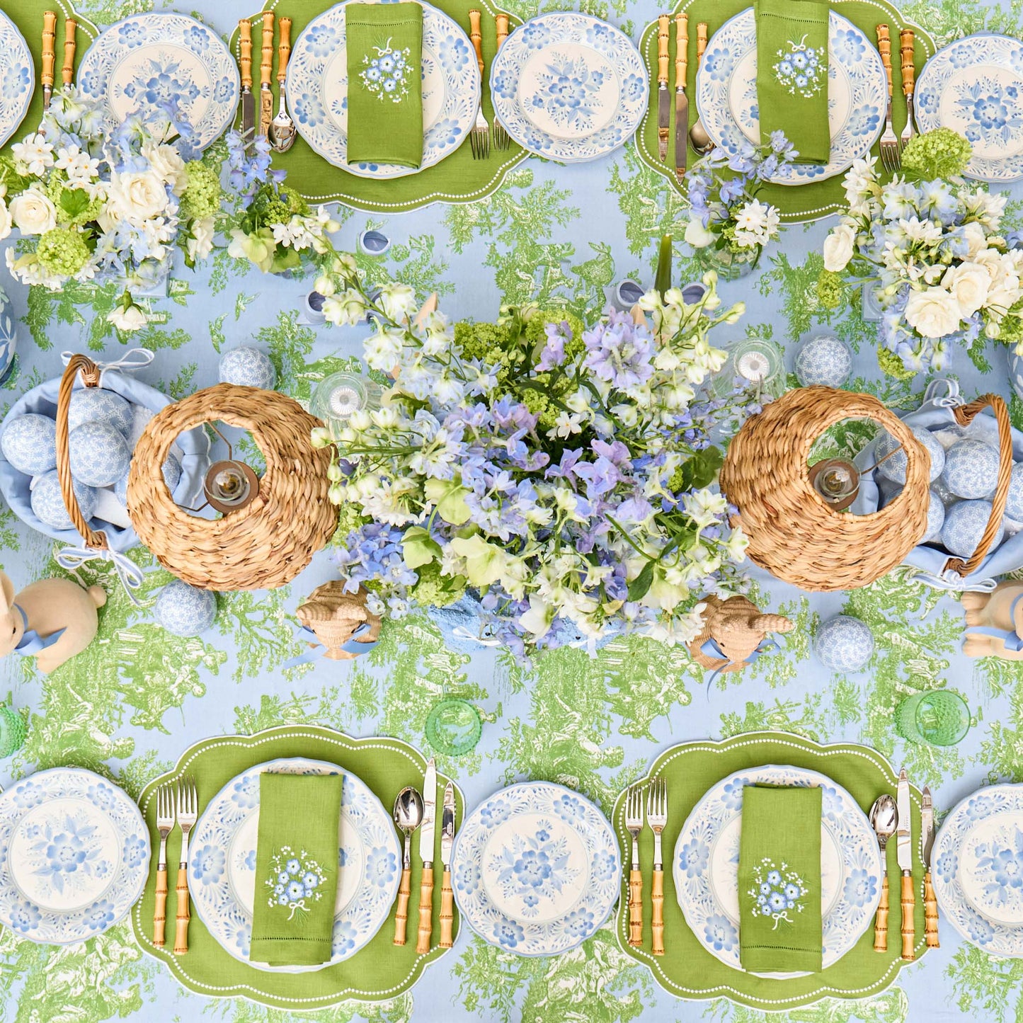 Green Eloise Linen Placemats & Floral Embroidered Napkins (Set of 4)