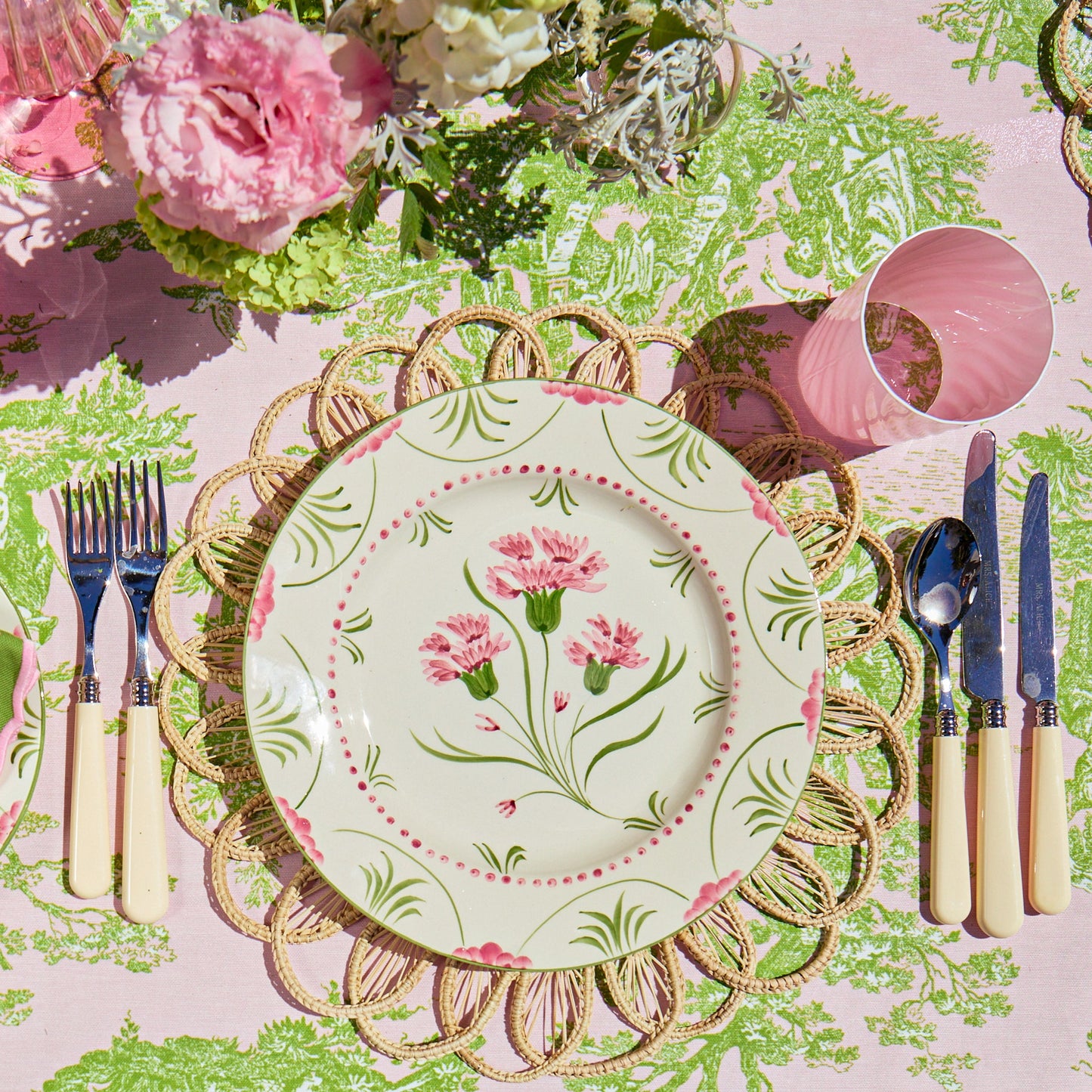 Pink & Green Ottilie Toile Tablecloth