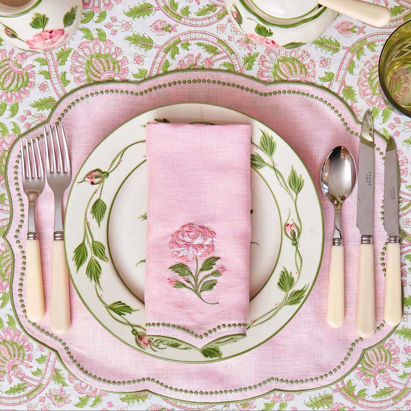 Pink & Green Eloise Linen Placemats & Rose Bud Napkins (Set of 4)