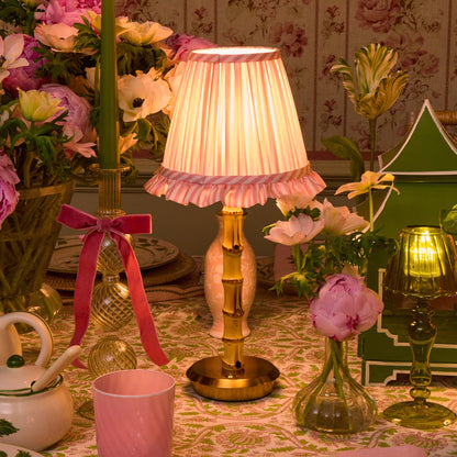 Bamboo Rechargeable Lamp with Pink Stripe Ruffle Shade (18cm)