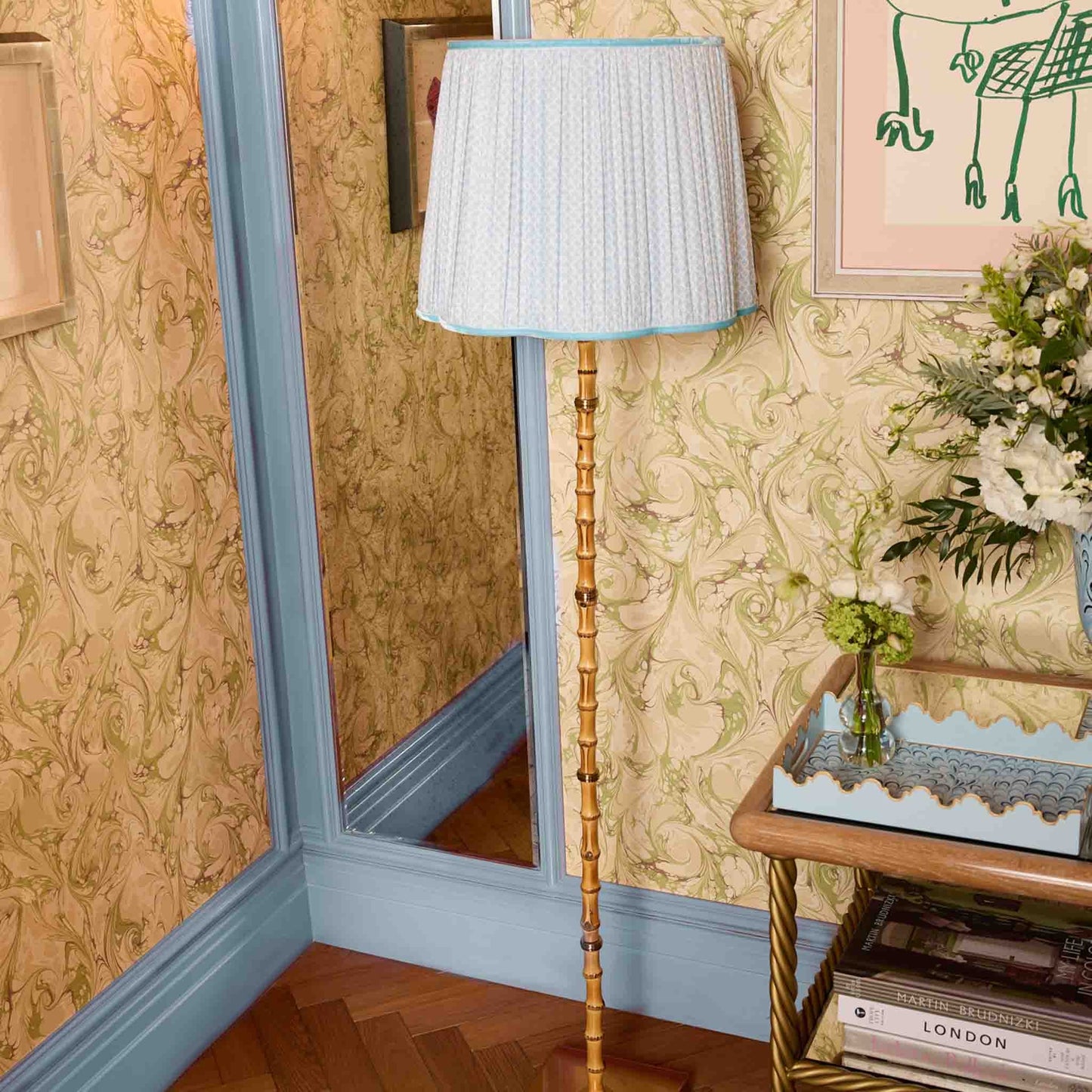 Bamboo Rechargeable Floor Lamp with Soft Blue Lotus Shade (40cm)