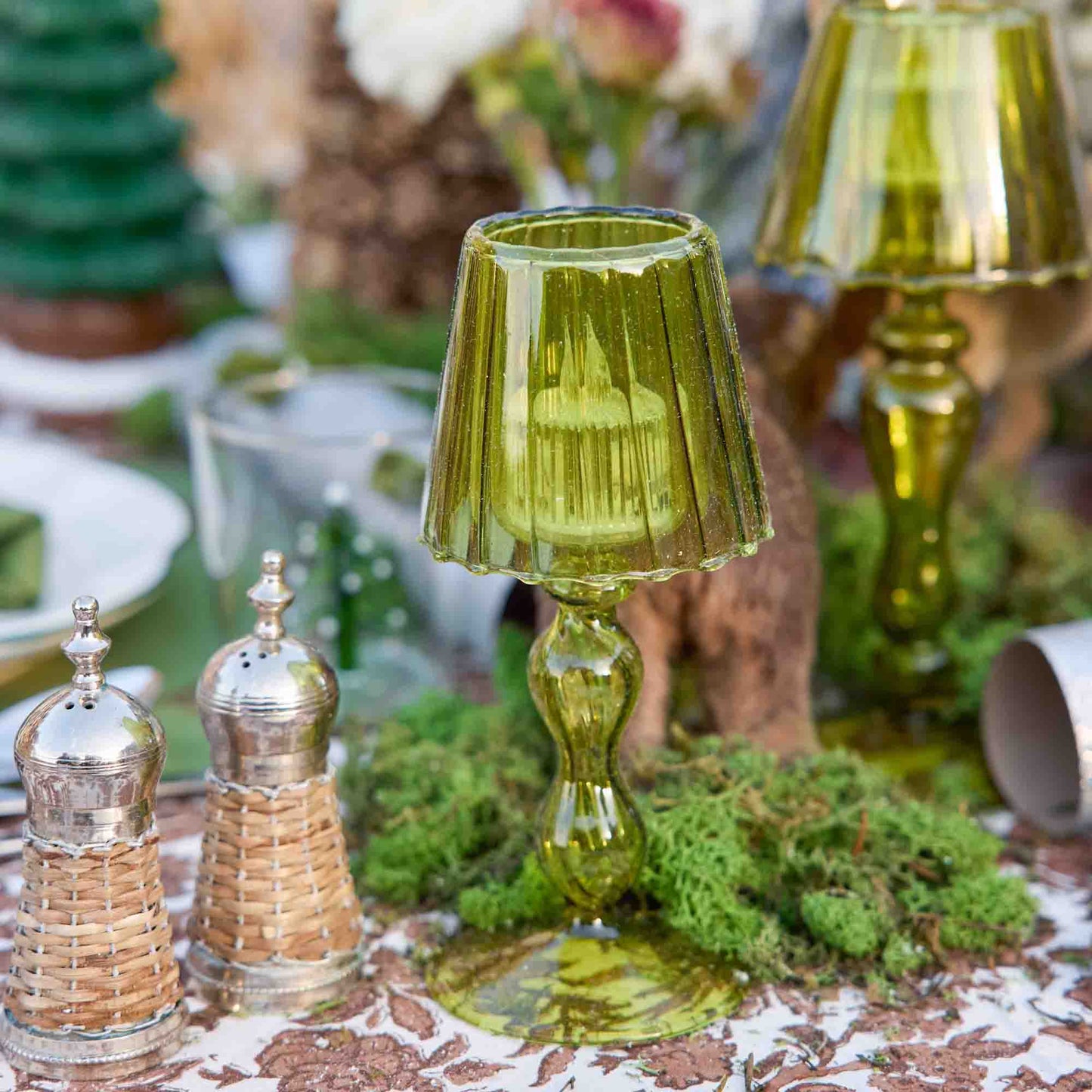 Olive Glass Lantern Tea Light Holder (Pair) - 18 cm