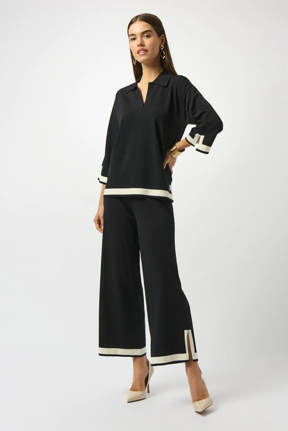 Joseph Ribkoff Black/Vanilla Color Block Collared V-Neck 3/4 Sleeves Top 253909