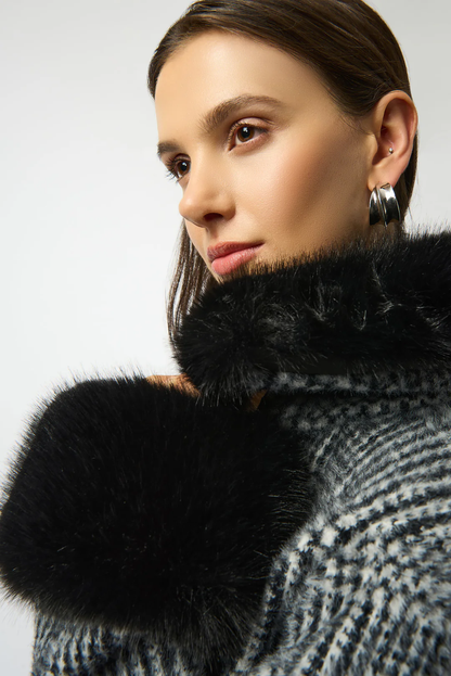 Joseph Ribkoff Black/White Plaid Print Faux Fur Coat 253900