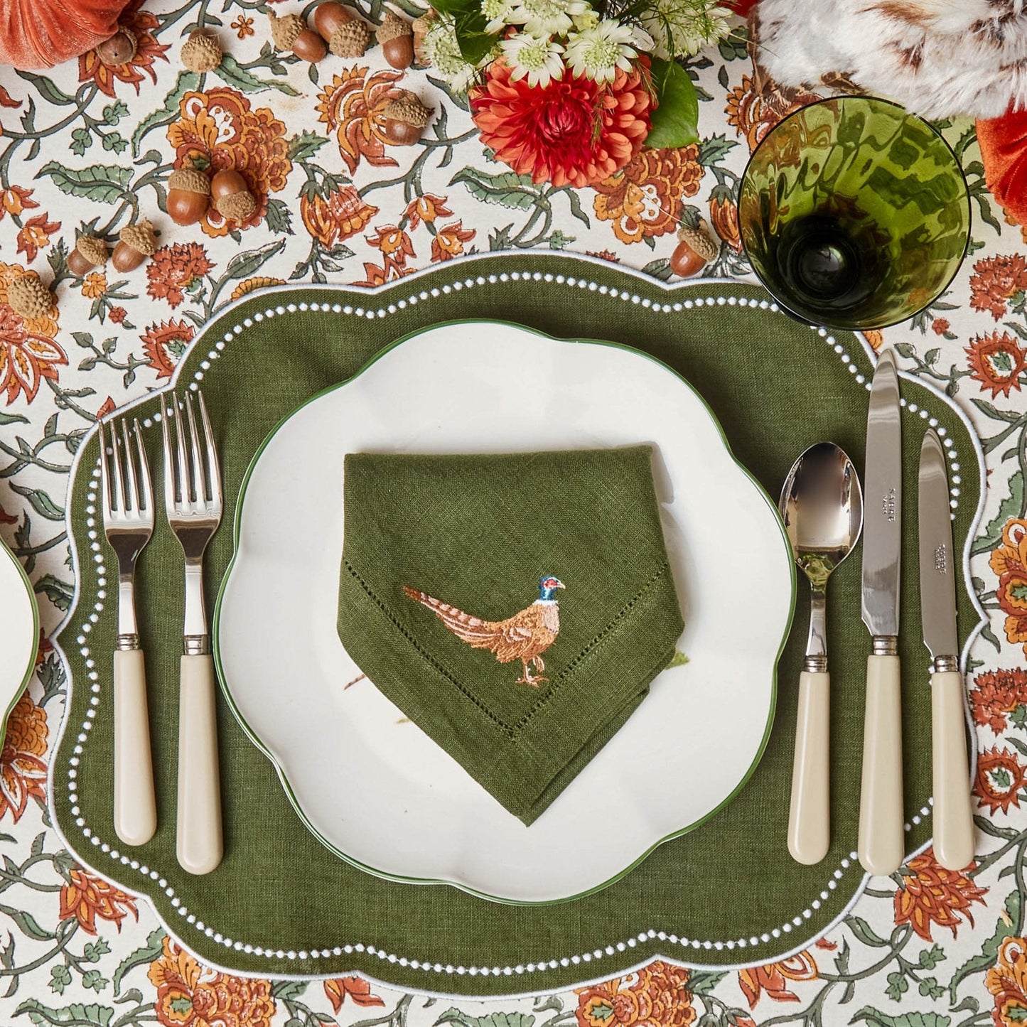 Forest Green Pheasant Linen Napkins (Set of 4)