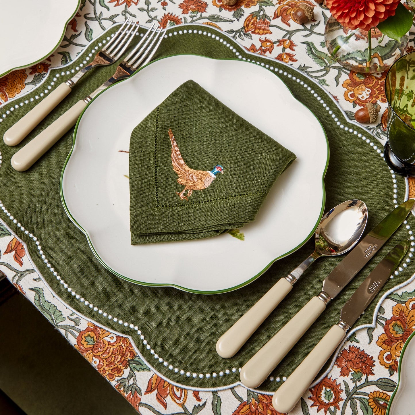 Forest Green Pheasant Linen Napkins (Set of 4)