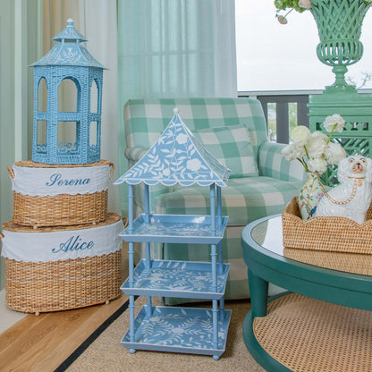 Blue Rattan & Tole Two Tier Pagoda Stand