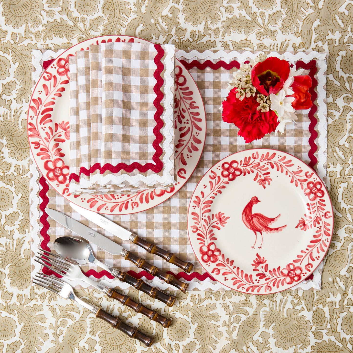 Putty Gingham & Red Rossina Napkins (Set of 4)