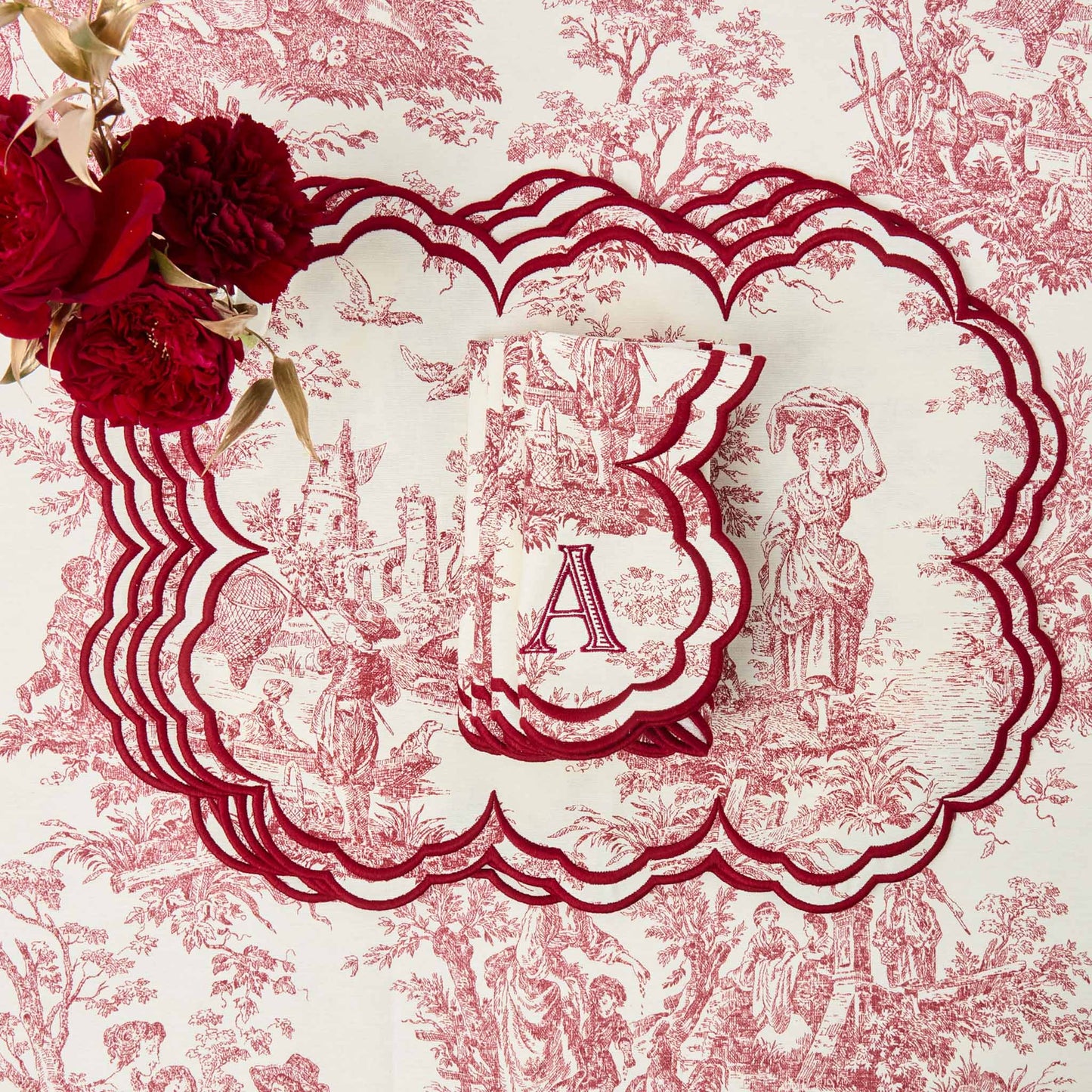 Burgundy Claudette Toile Placemats & Napkins (Set of 4)