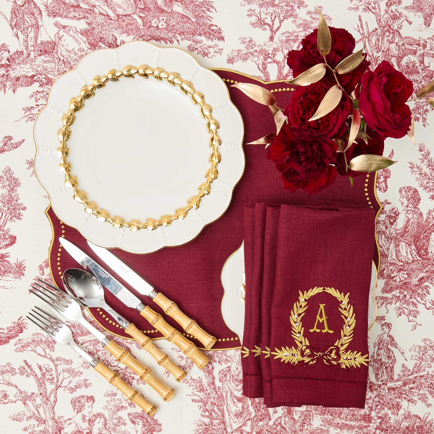 Burgundy Gold Bow Garland Linen Napkins (Set of 4)