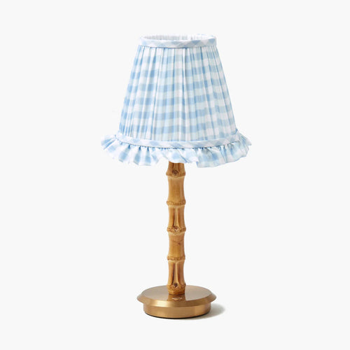 Bamboo Rechargeable Lamp with Blue Gingham Ruffle Shade (18cm)