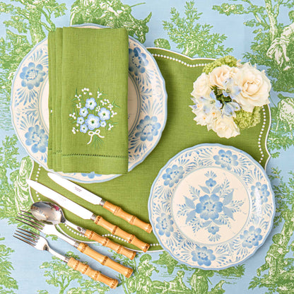 Green Eloise Linen Placemats & Floral Embroidered Napkins (Set of 4)